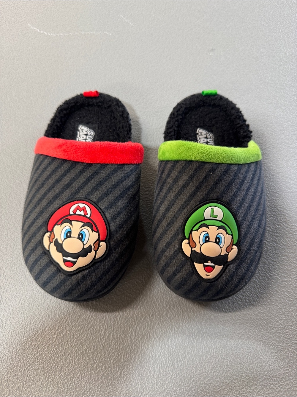 Kids Mario & Luigi Slippers - Black with Red & Green Trim